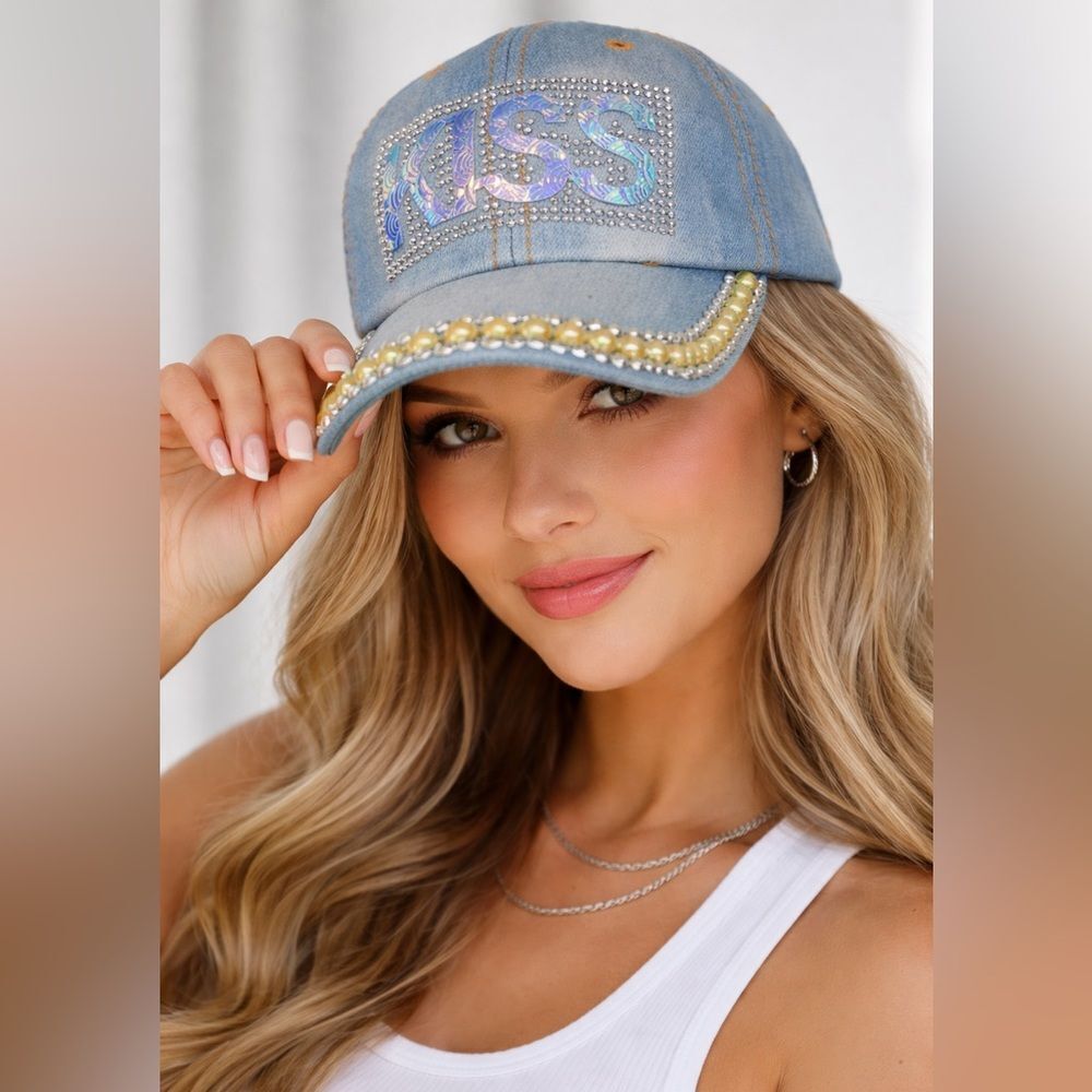 KISS Embellished Denim Baseball Cap with Yellow Rhinestones